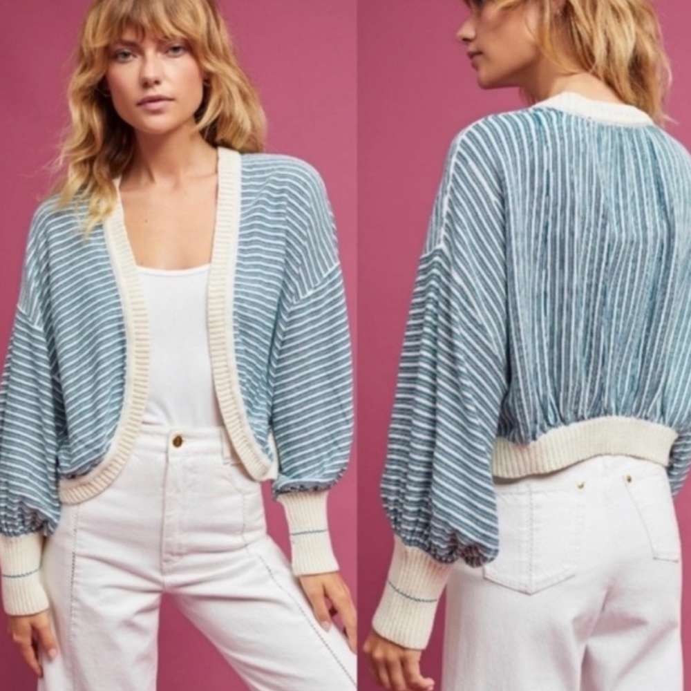 NWOT Anthropologie Moth Cropped Balloon Sleeve Striped Cardigan Size S